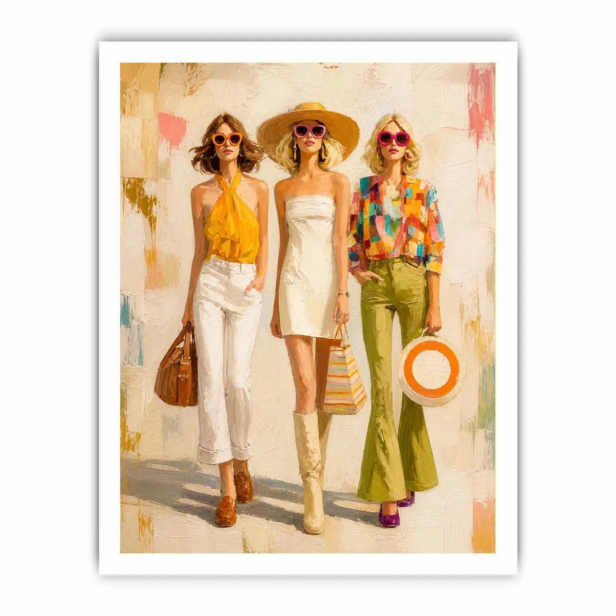 Contemporary fashion wall art featuring stylish women in colorful designer inspired outfits with expressive painterly textures and chic luxury aesthetics