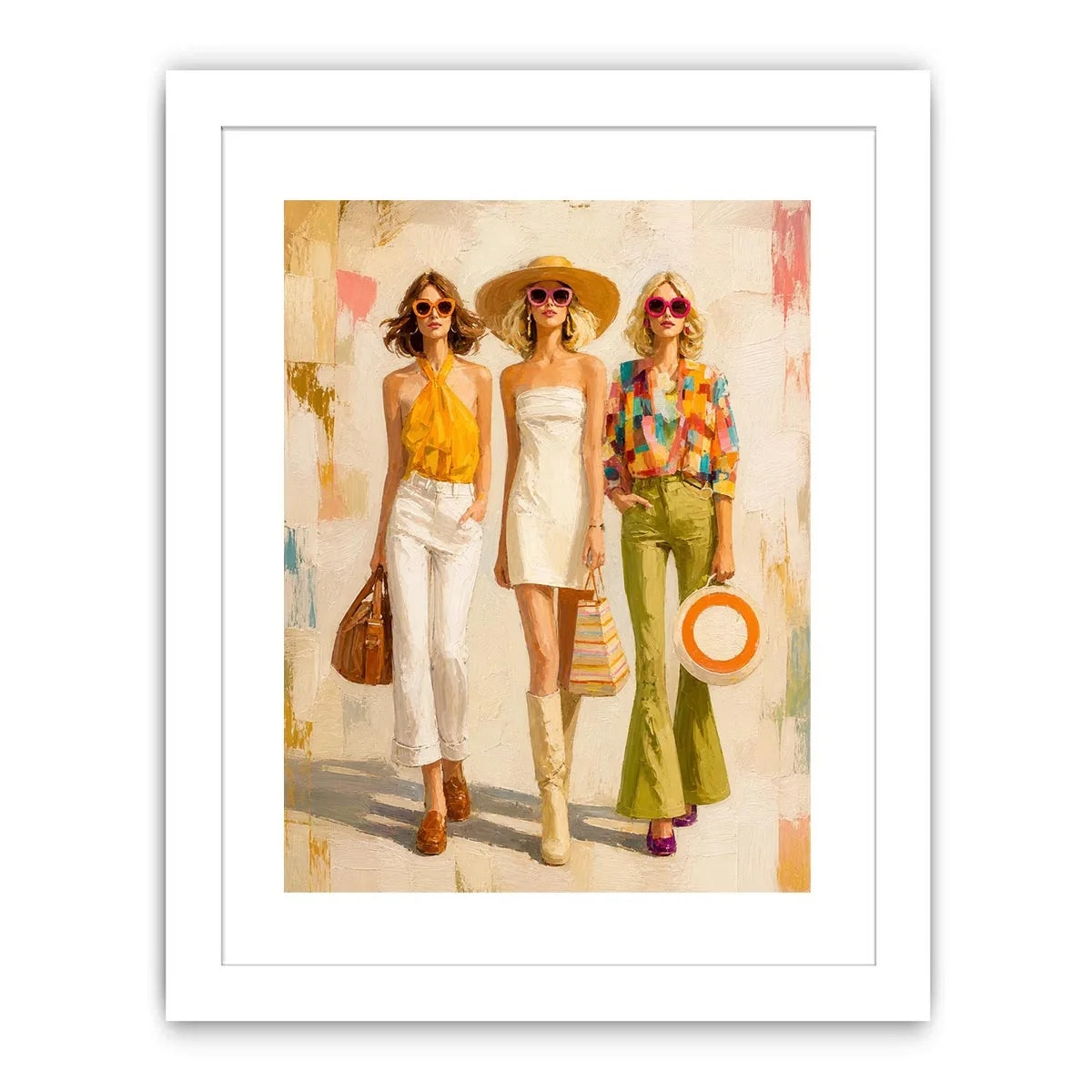 Contemporary fashion wall art featuring stylish women in colorful designer inspired outfits with expressive painterly textures and chic luxury aesthetics