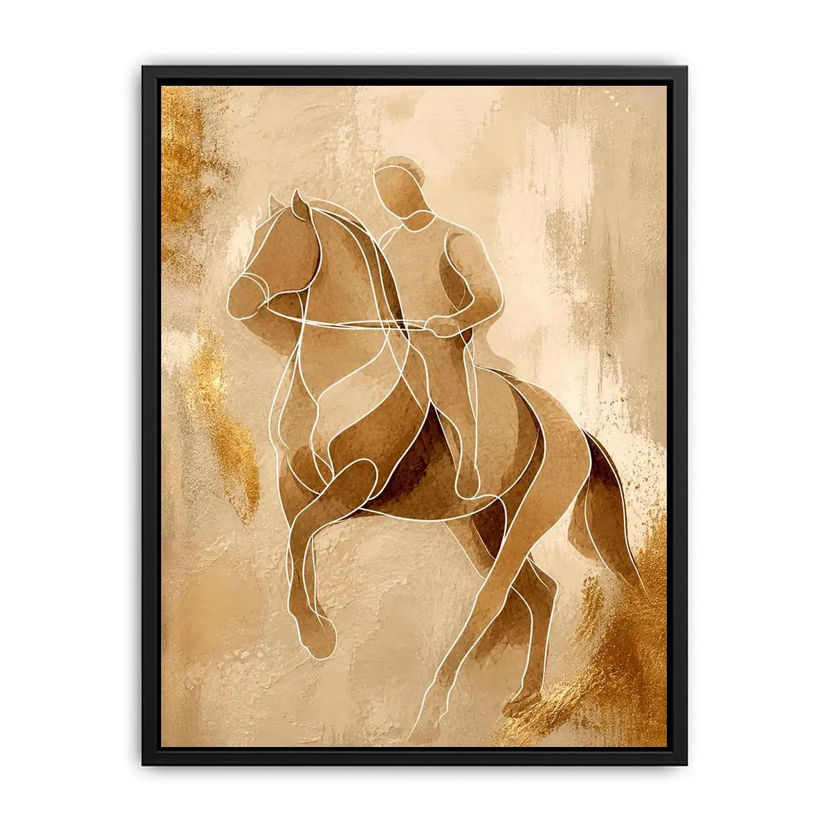 Minimalist horse rider line art wall art in beige and gold abstract modern luxury canvas print for contemporary home decor