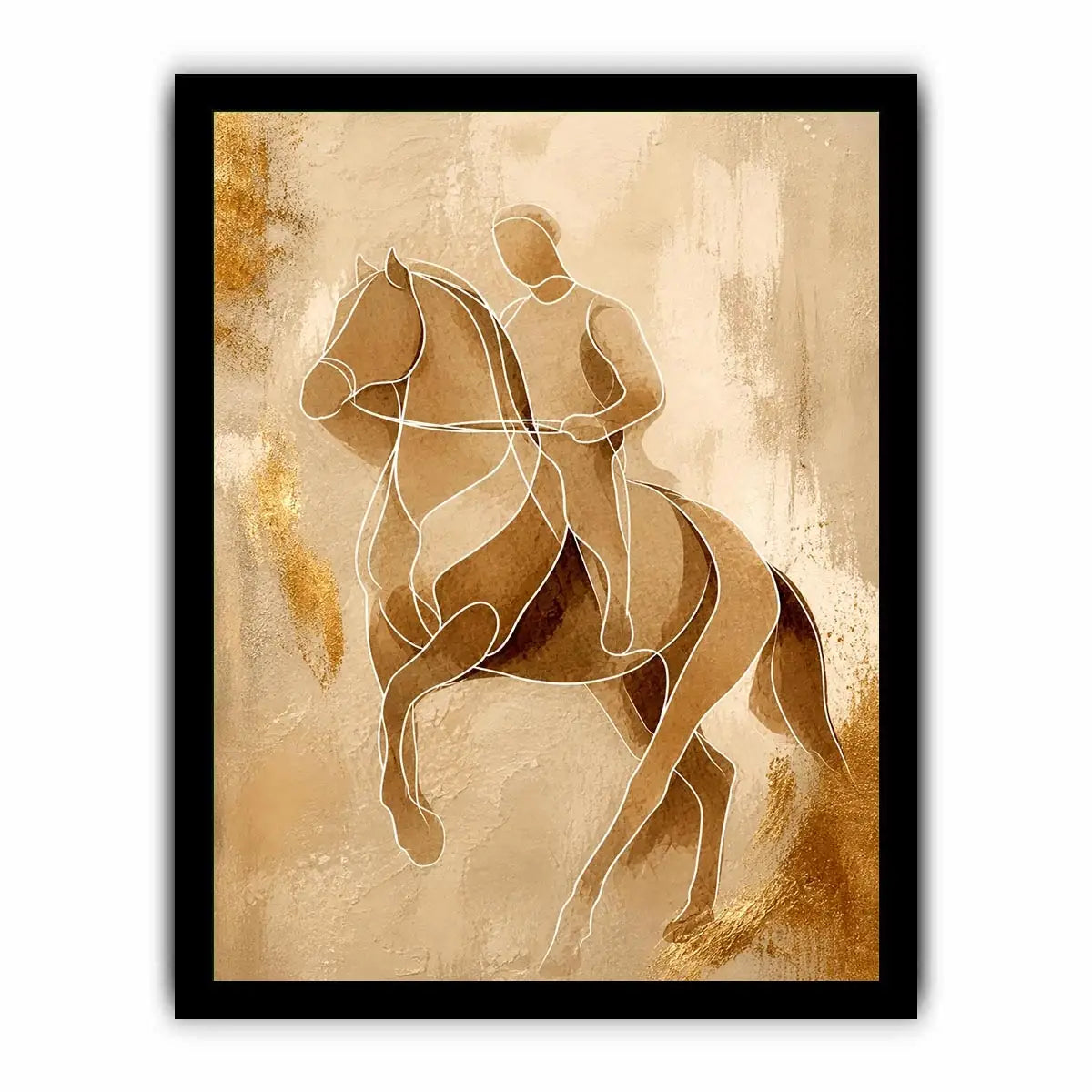 Minimalist horse rider line art wall art in beige and gold abstract modern luxury canvas print for contemporary home decor