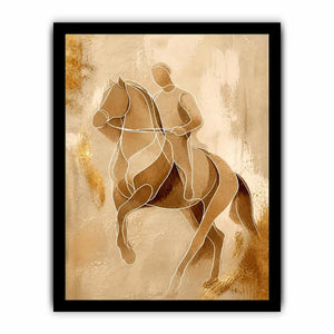 Minimalist horse rider line art wall art in beige and gold abstract modern luxury canvas print for contemporary home decor