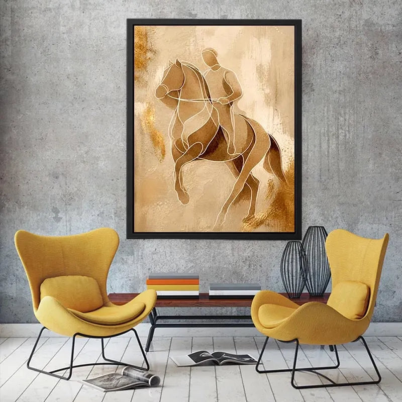 Minimalist horse rider line art wall art in beige and gold abstract modern luxury canvas print for contemporary home decor