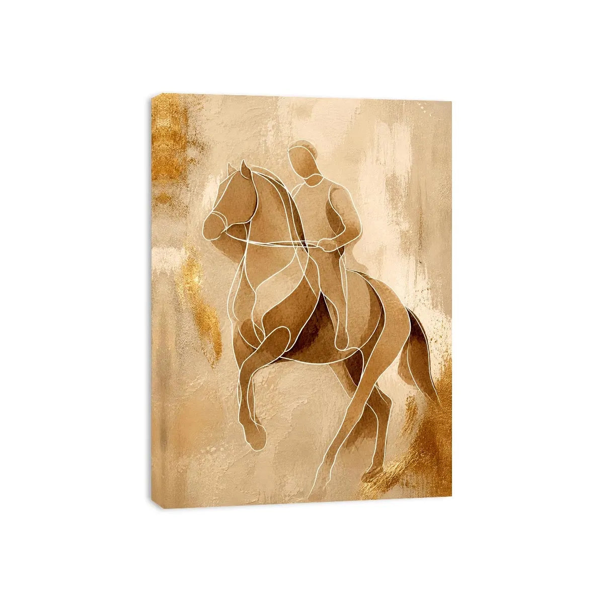 Minimalist horse rider line art wall art in beige and gold abstract modern luxury canvas print for contemporary home decor