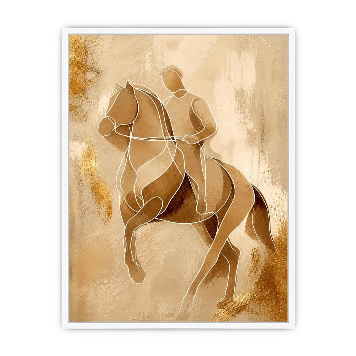Minimalist horse rider line art wall art in beige and gold abstract modern luxury canvas print for contemporary home decor