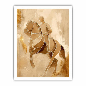 Minimalist horse rider line art wall art in beige and gold abstract modern luxury canvas print for contemporary home decor