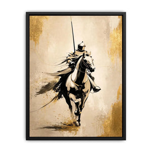 Modern armored horse rider wall art with gold accents and minimalist luxury equestrian canvas design
