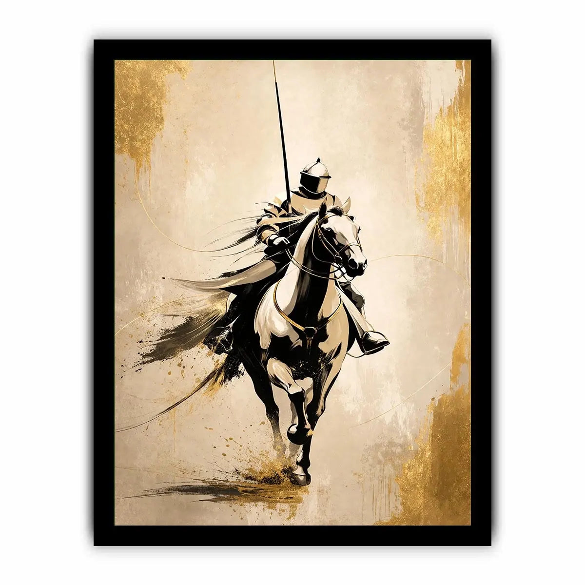Modern armored horse rider wall art with gold accents and minimalist luxury equestrian canvas design