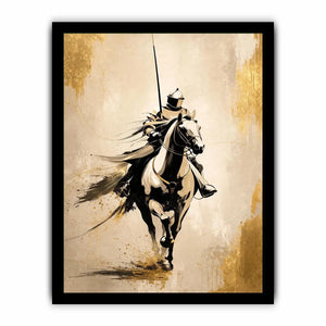 Modern armored horse rider wall art with gold accents and minimalist luxury equestrian canvas design