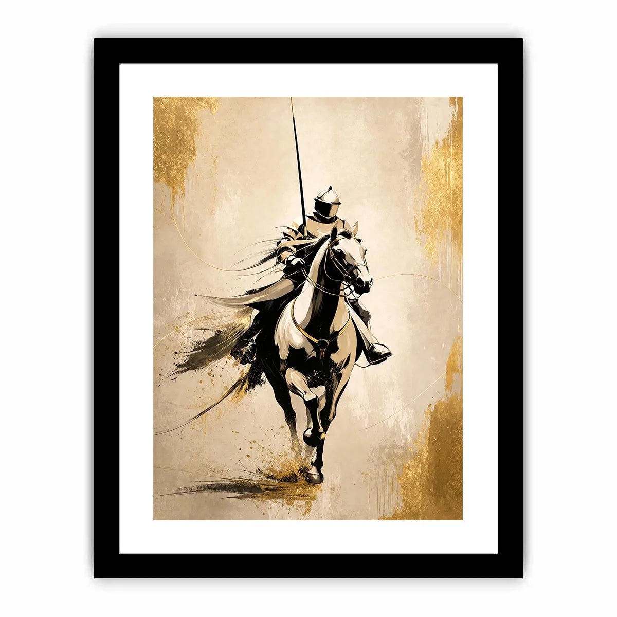 Modern armored horse rider wall art with gold accents and minimalist luxury equestrian canvas design
