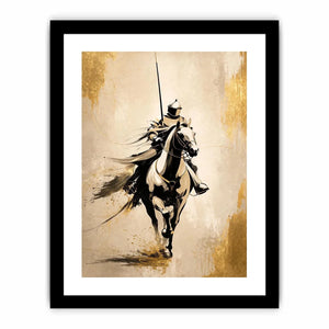 Modern armored horse rider wall art with gold accents and minimalist luxury equestrian canvas design