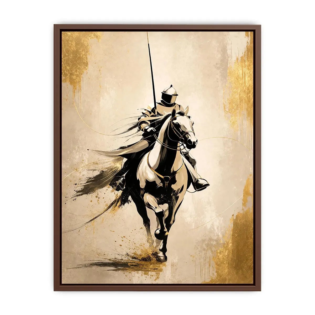 Modern armored horse rider wall art with gold accents and minimalist luxury equestrian canvas design