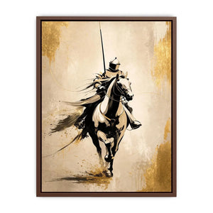 Modern armored horse rider wall art with gold accents and minimalist luxury equestrian canvas design