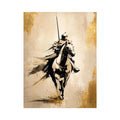 Modern armored horse rider wall art with gold accents and minimalist luxury equestrian canvas design
