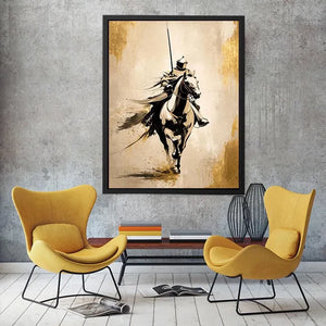Modern armored horse rider wall art with gold accents and minimalist luxury equestrian canvas design