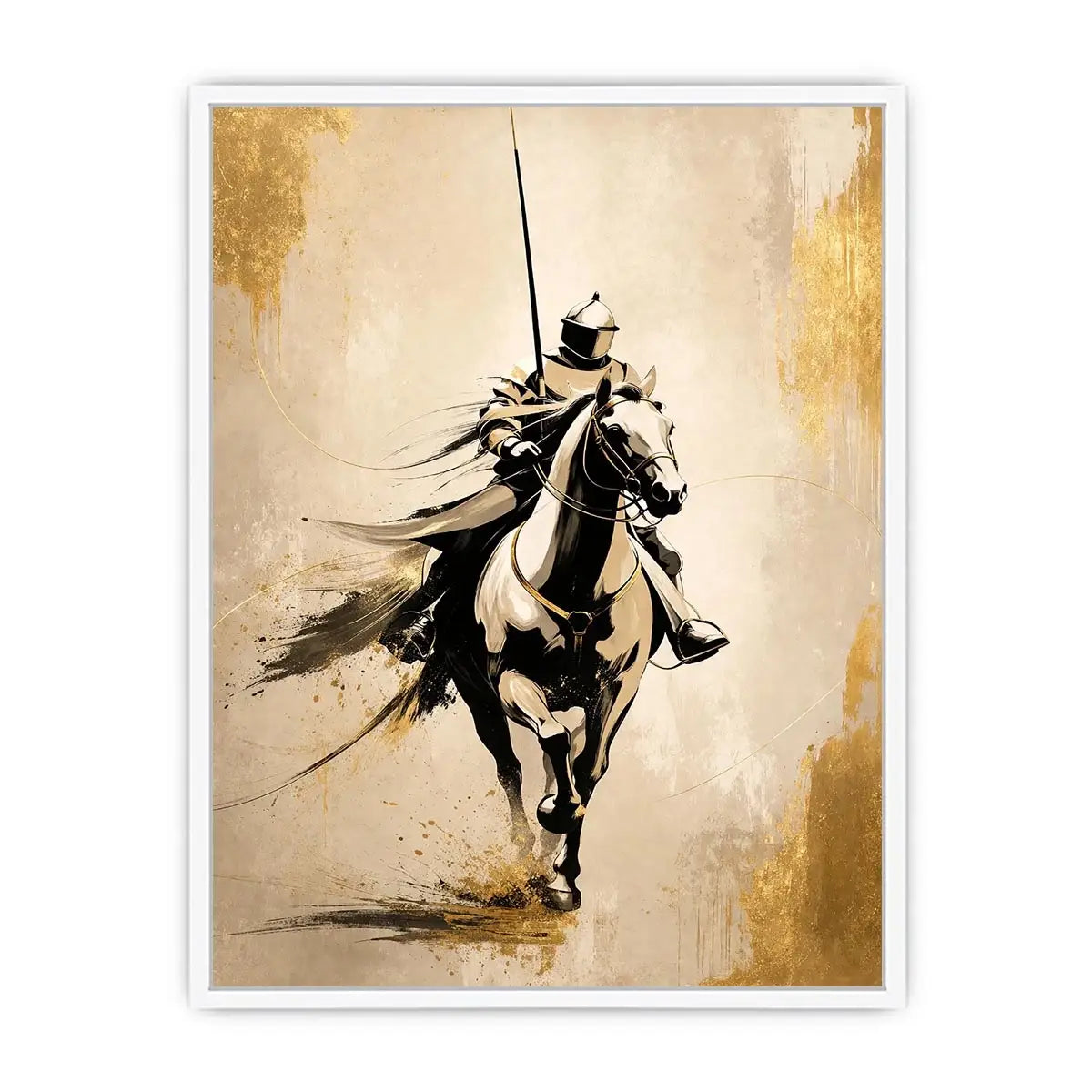Modern armored horse rider wall art with gold accents and minimalist luxury equestrian canvas design