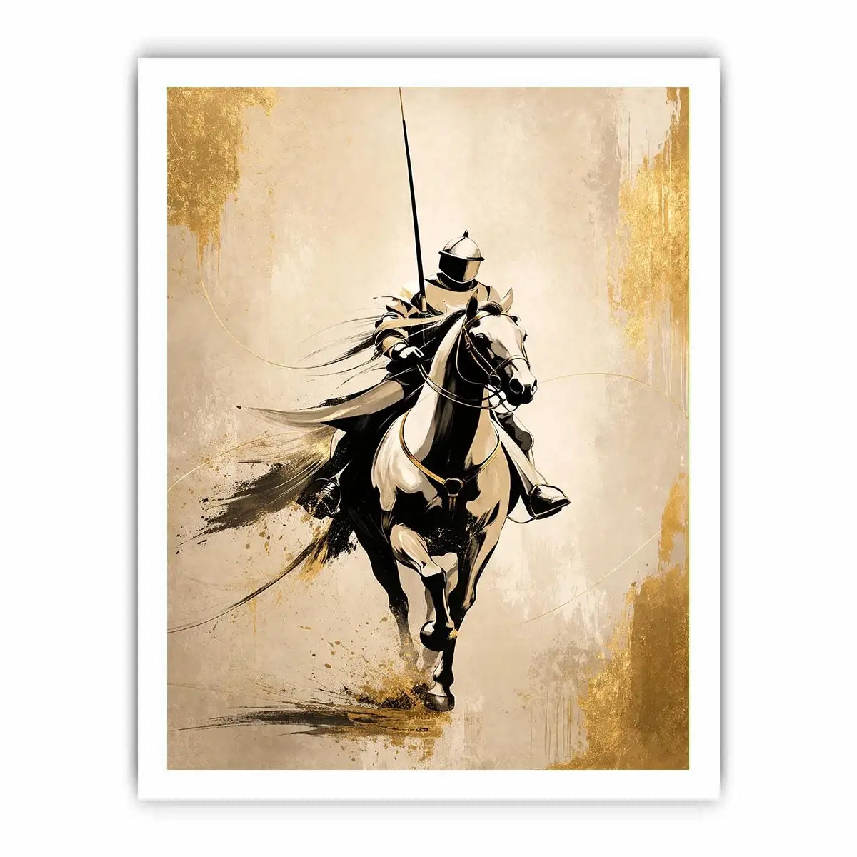 Modern armored horse rider wall art with gold accents and minimalist luxury equestrian canvas design