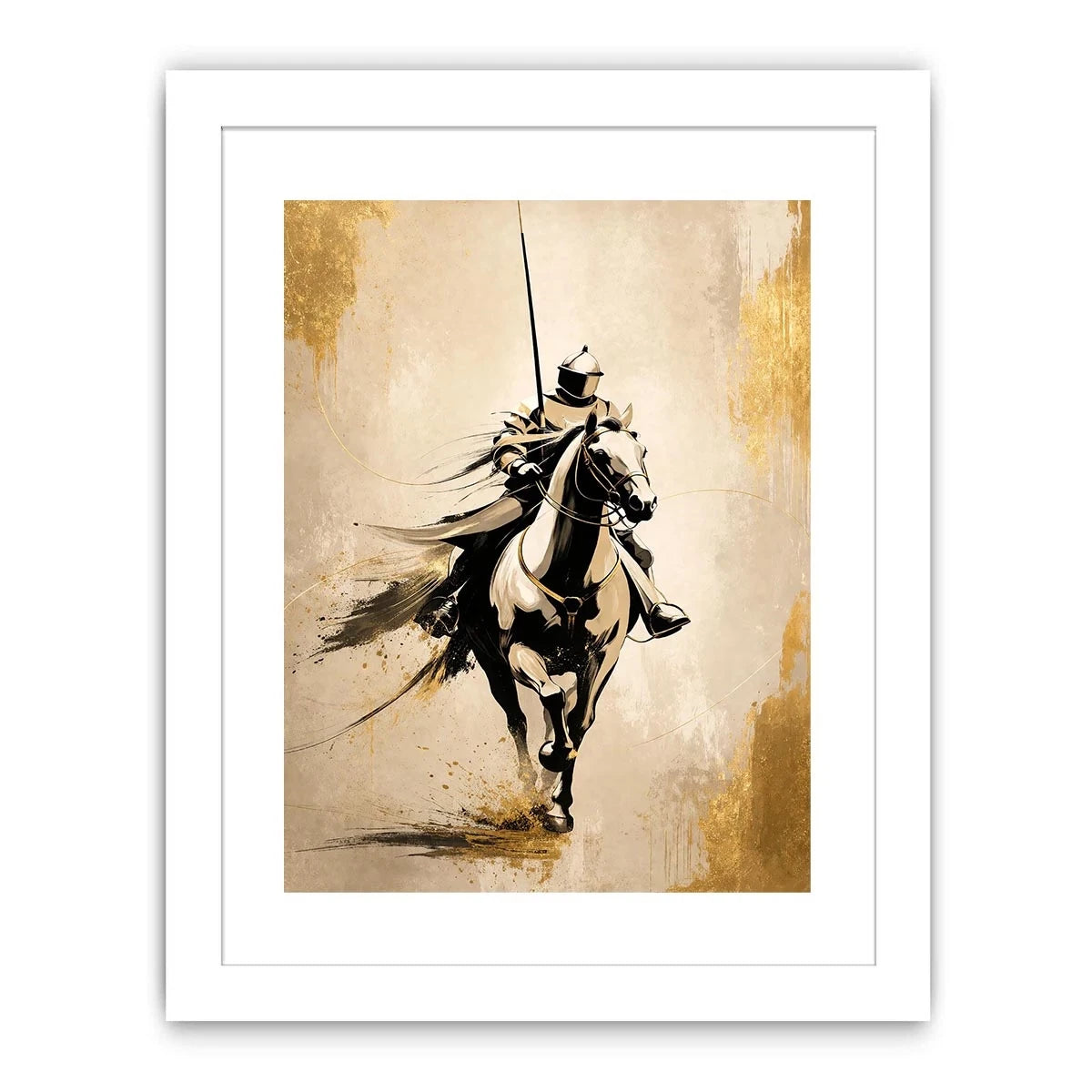 Modern armored horse rider wall art with gold accents and minimalist luxury equestrian canvas design