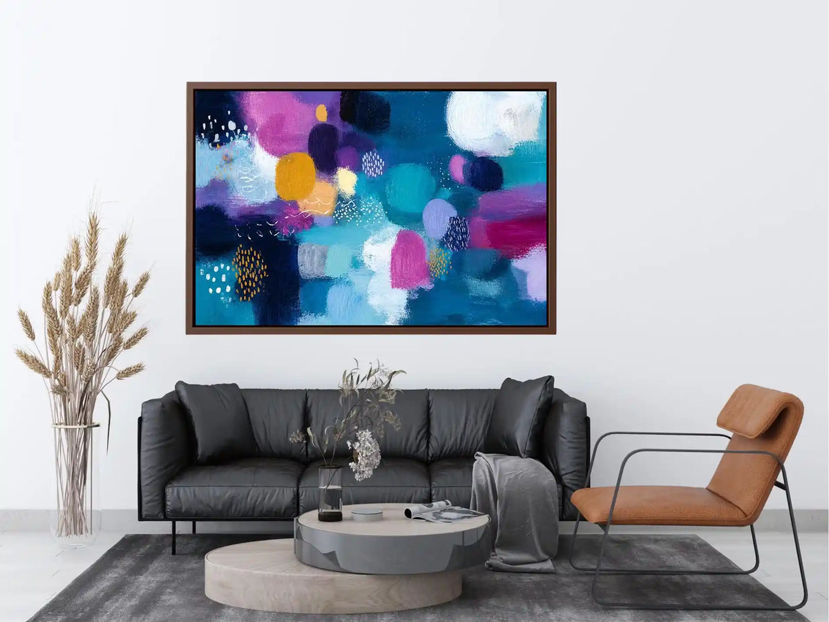 Modern colorful abstract wall art with blue teal pink and purple textured contemporary canvas painting