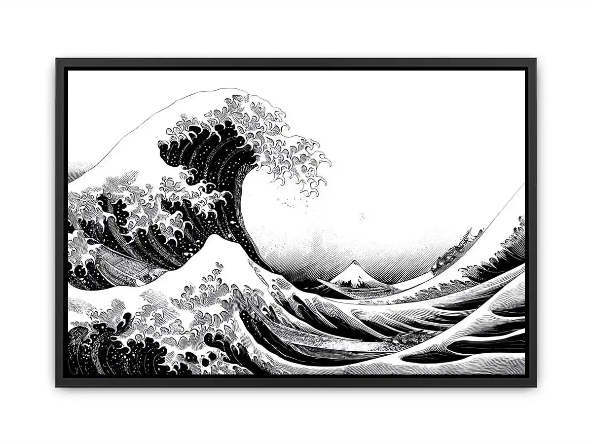 Black and white Japanese wave canvas art for modern living room decor.