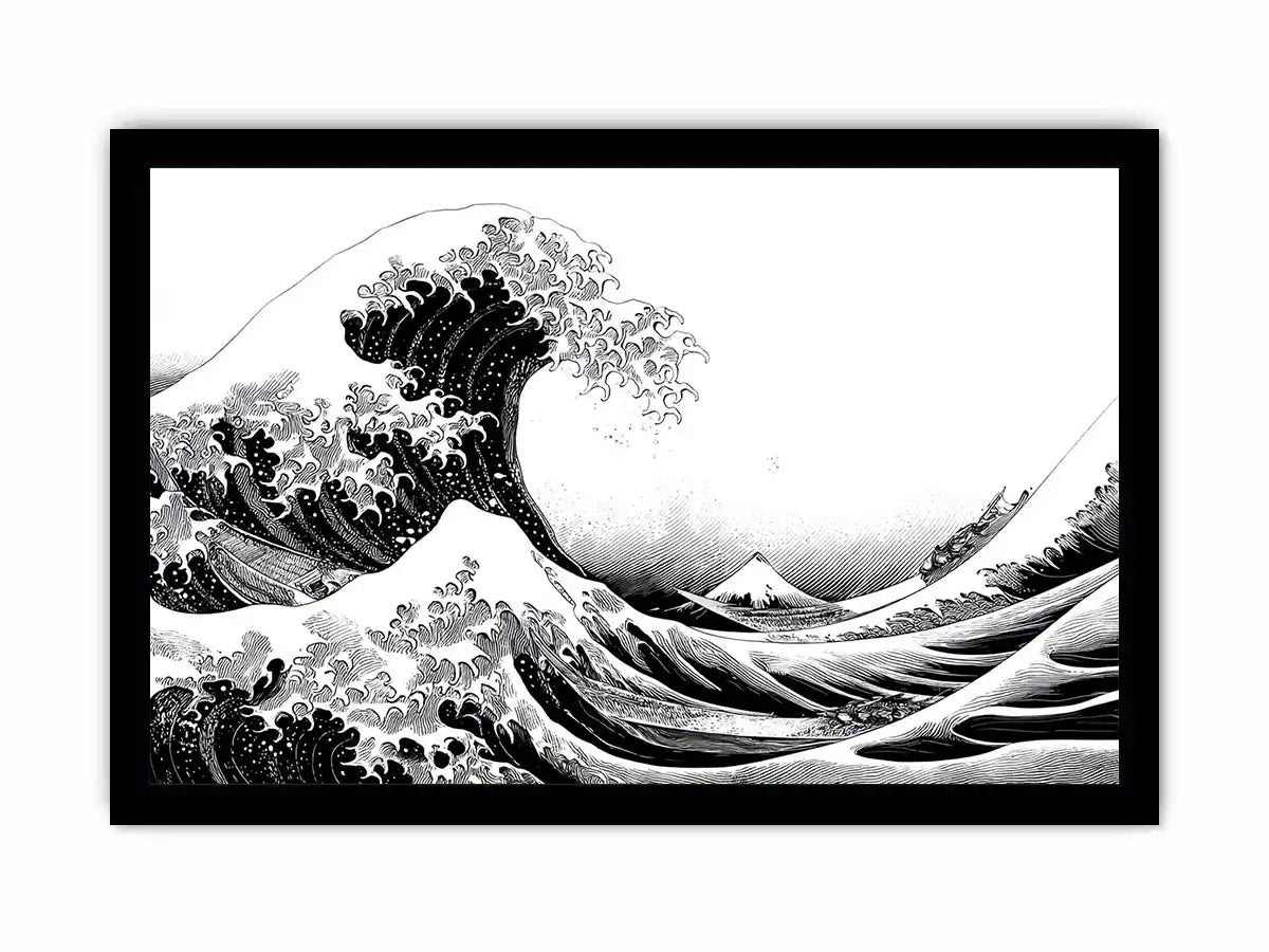 Black and white Japanese wave canvas art for modern living room decor.