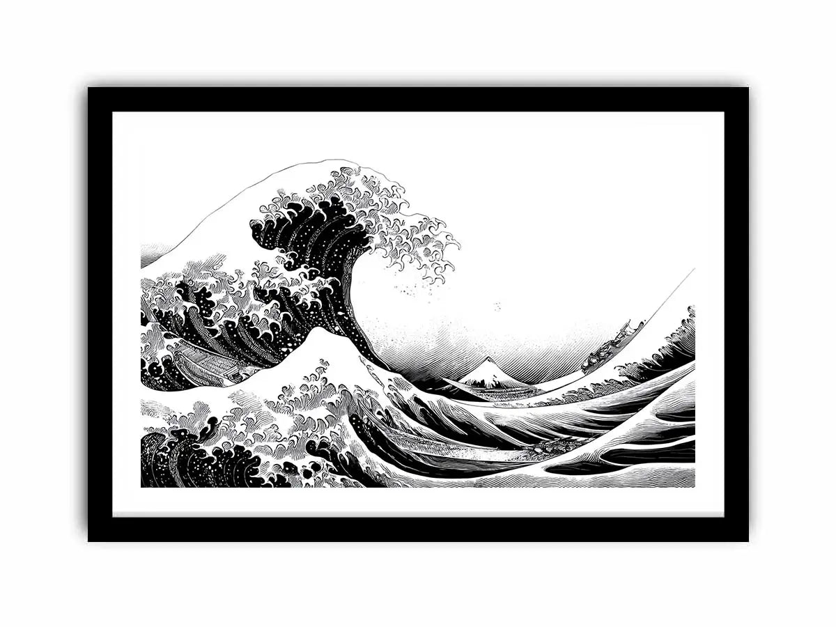 Black and white Japanese wave canvas art for modern living room decor.