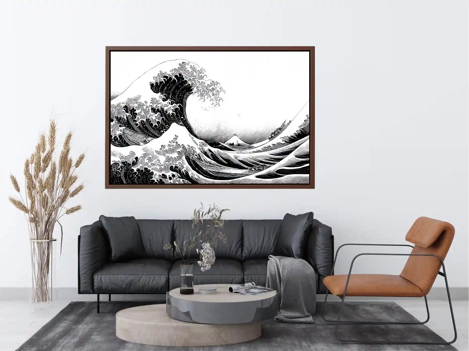 Black and white Japanese wave canvas art for modern living room decor.