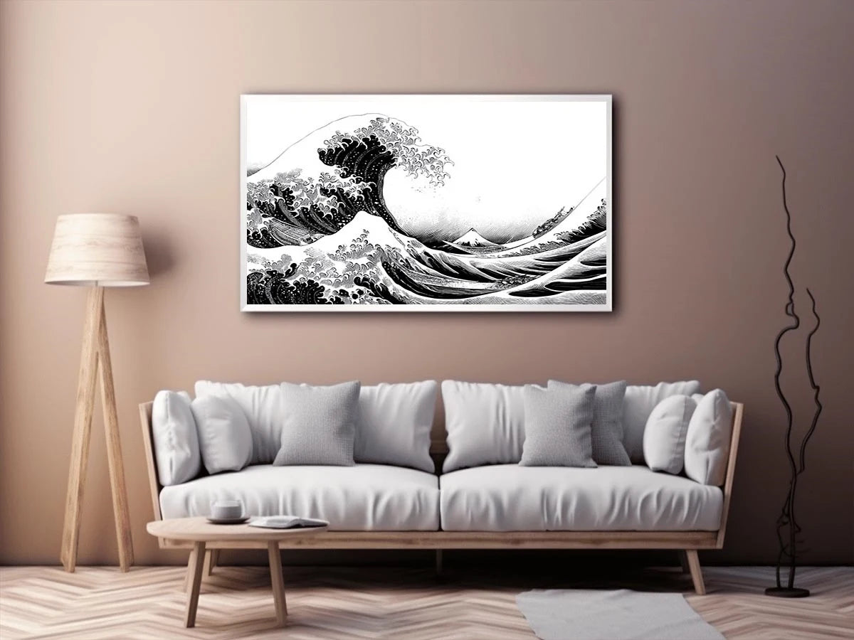 Black and white Japanese wave canvas art for modern living room decor.