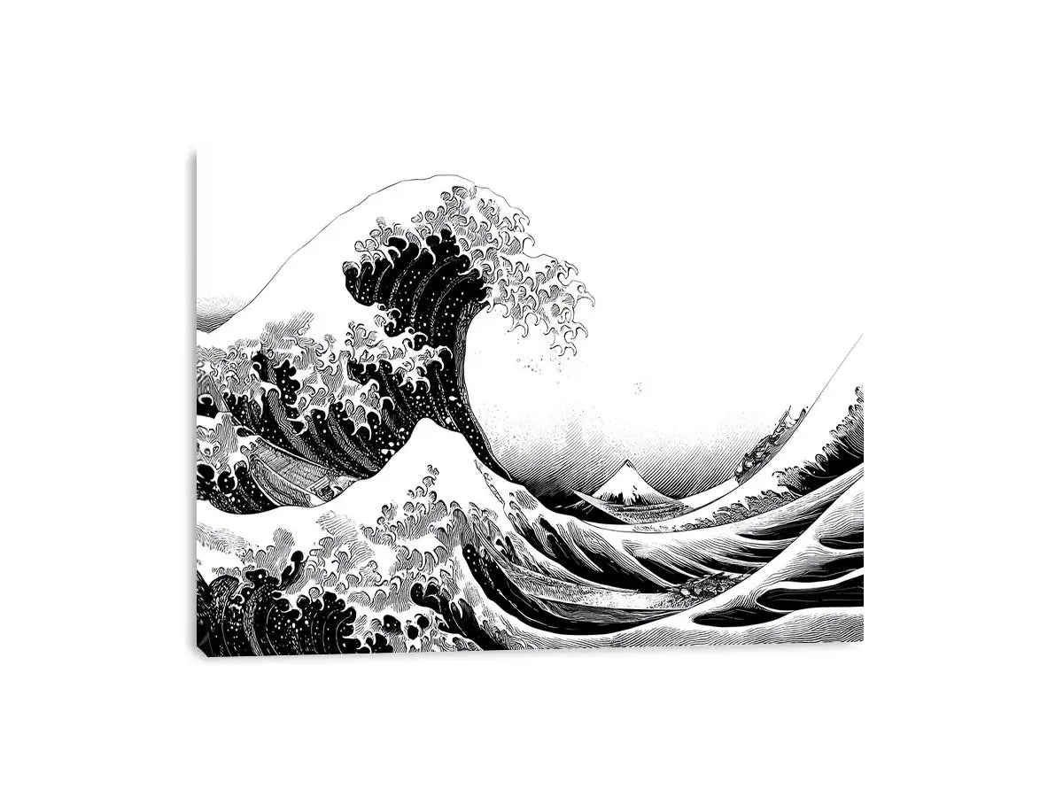 Black and white Japanese wave canvas art for modern living room decor.