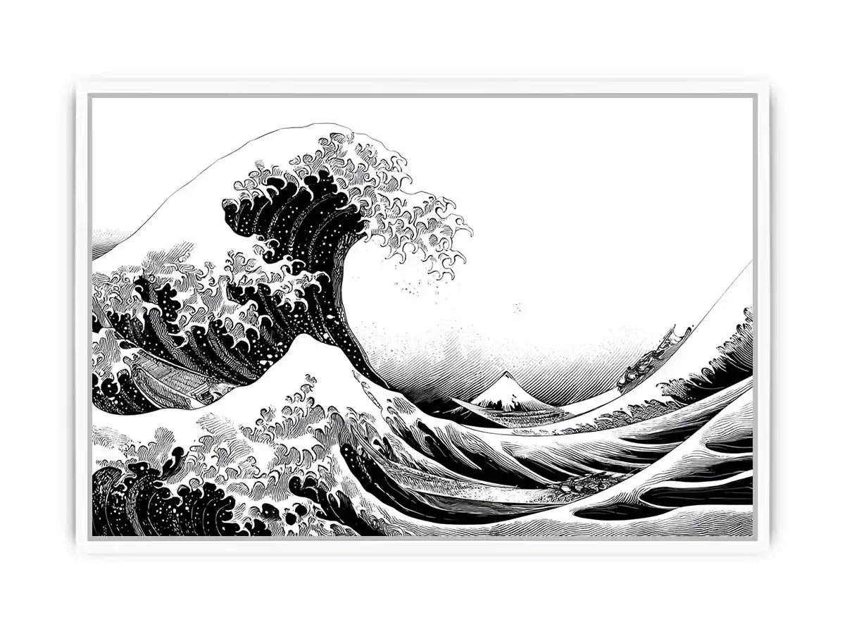 Black and white Japanese wave canvas art for modern living room decor.