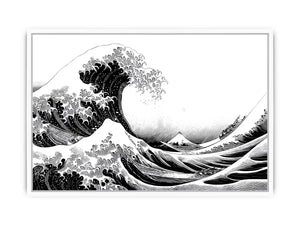 Black and white Japanese wave canvas art for modern living room decor.