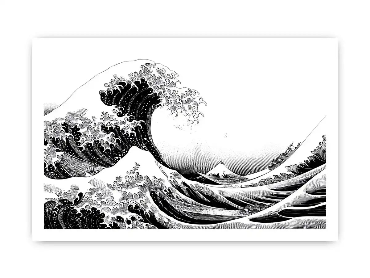 Black and white Japanese wave canvas art for modern living room decor.