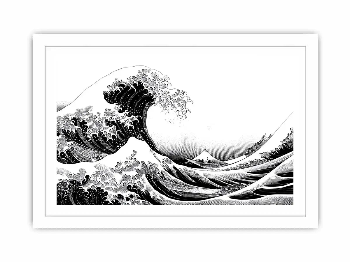 Black and white Japanese wave canvas art for modern living room decor.