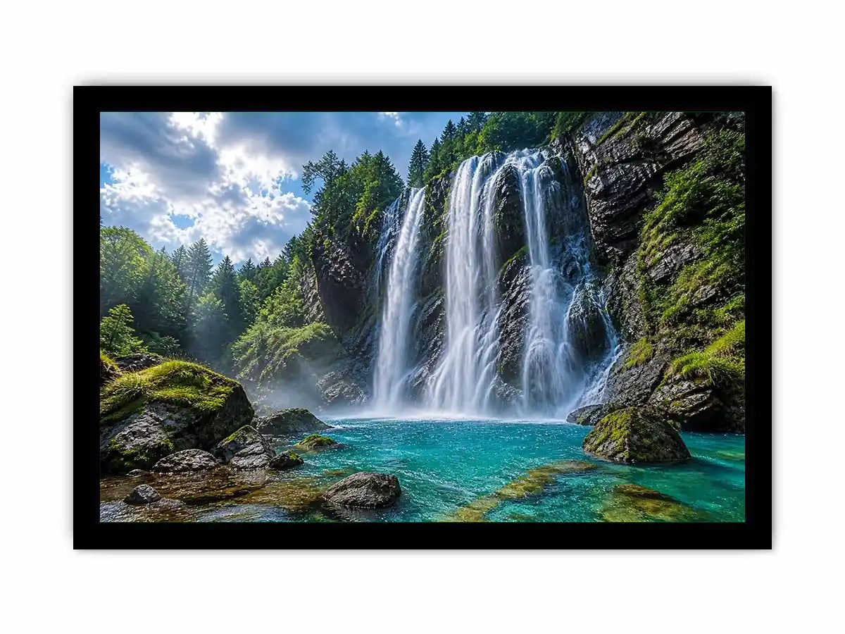 Large waterfall landscape canvas art for modern living room interiors.