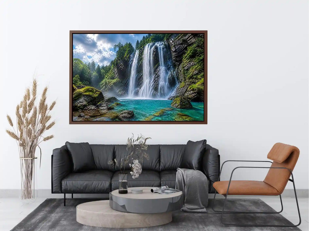 Large waterfall landscape canvas art for modern living room interiors.