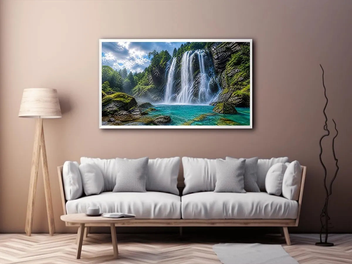 Large waterfall landscape canvas art for modern living room interiors.