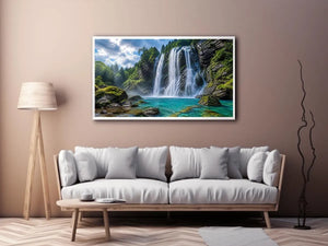 Large waterfall landscape canvas art for modern living room interiors.