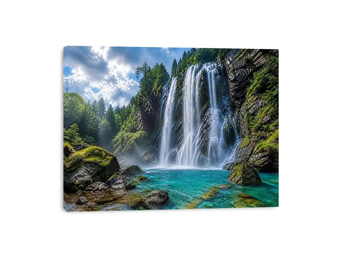 Large waterfall landscape canvas art for modern living room interiors.