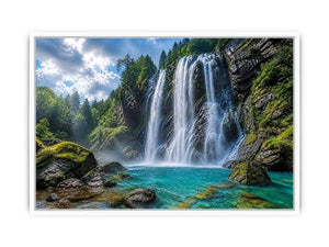 Large waterfall landscape canvas art for modern living room interiors.