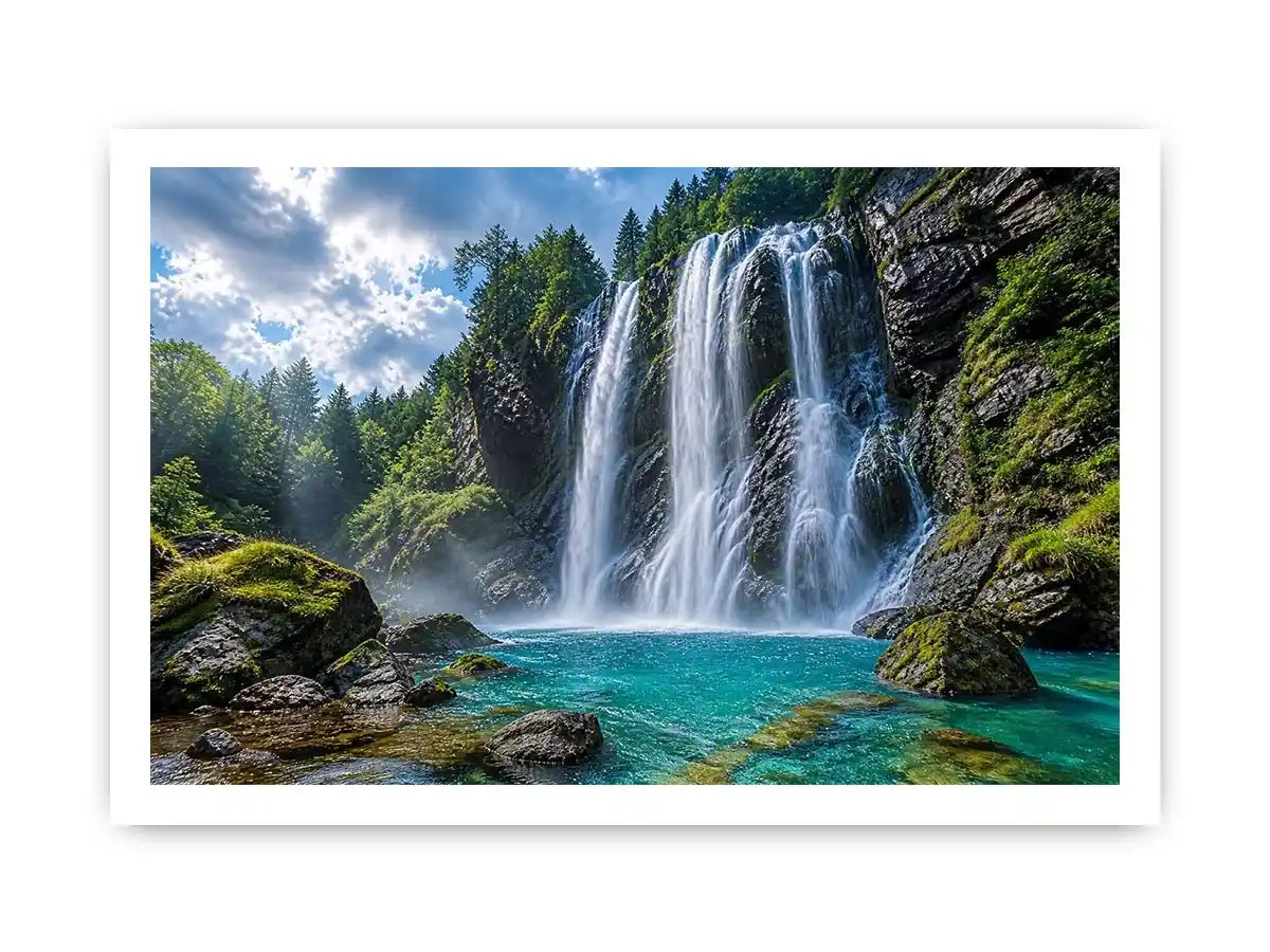 Large waterfall landscape canvas art for modern living room interiors.