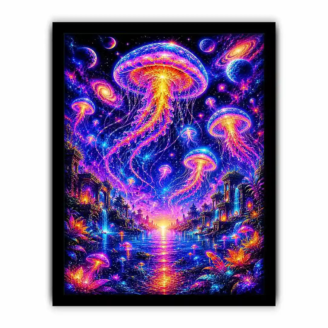 Surreal cosmic jellyfish canvas art for modern living room and luxury fantasy decor.