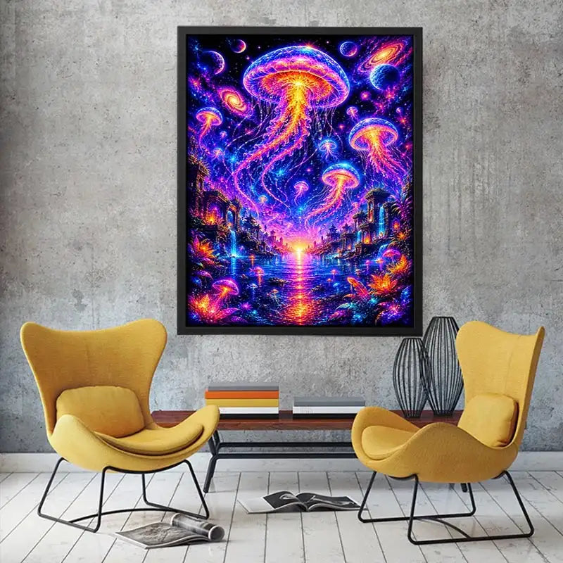 Surreal cosmic jellyfish canvas art for modern living room and luxury fantasy decor.