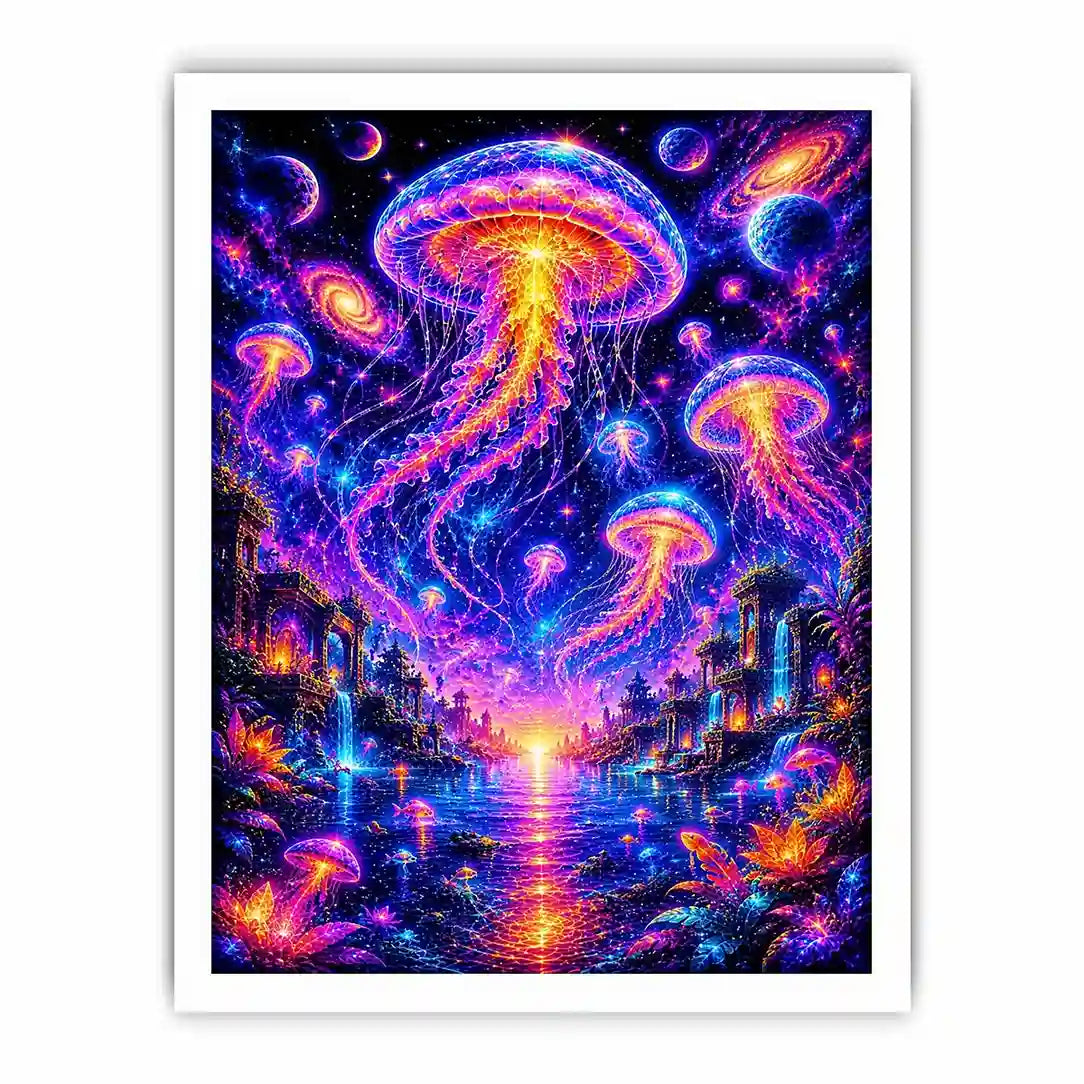 Surreal cosmic jellyfish canvas art for modern living room and luxury fantasy decor.