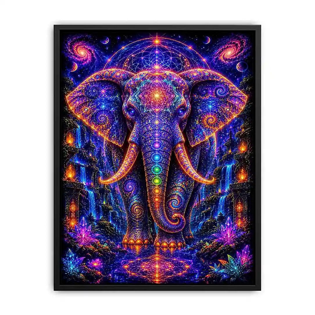 Mystical cosmic elephant canvas art with sacred geometry for modern living room decor.