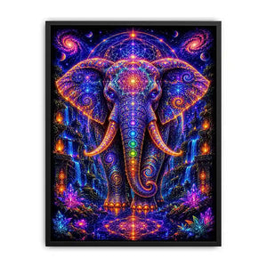 Mystical cosmic elephant canvas art with sacred geometry for modern living room decor.