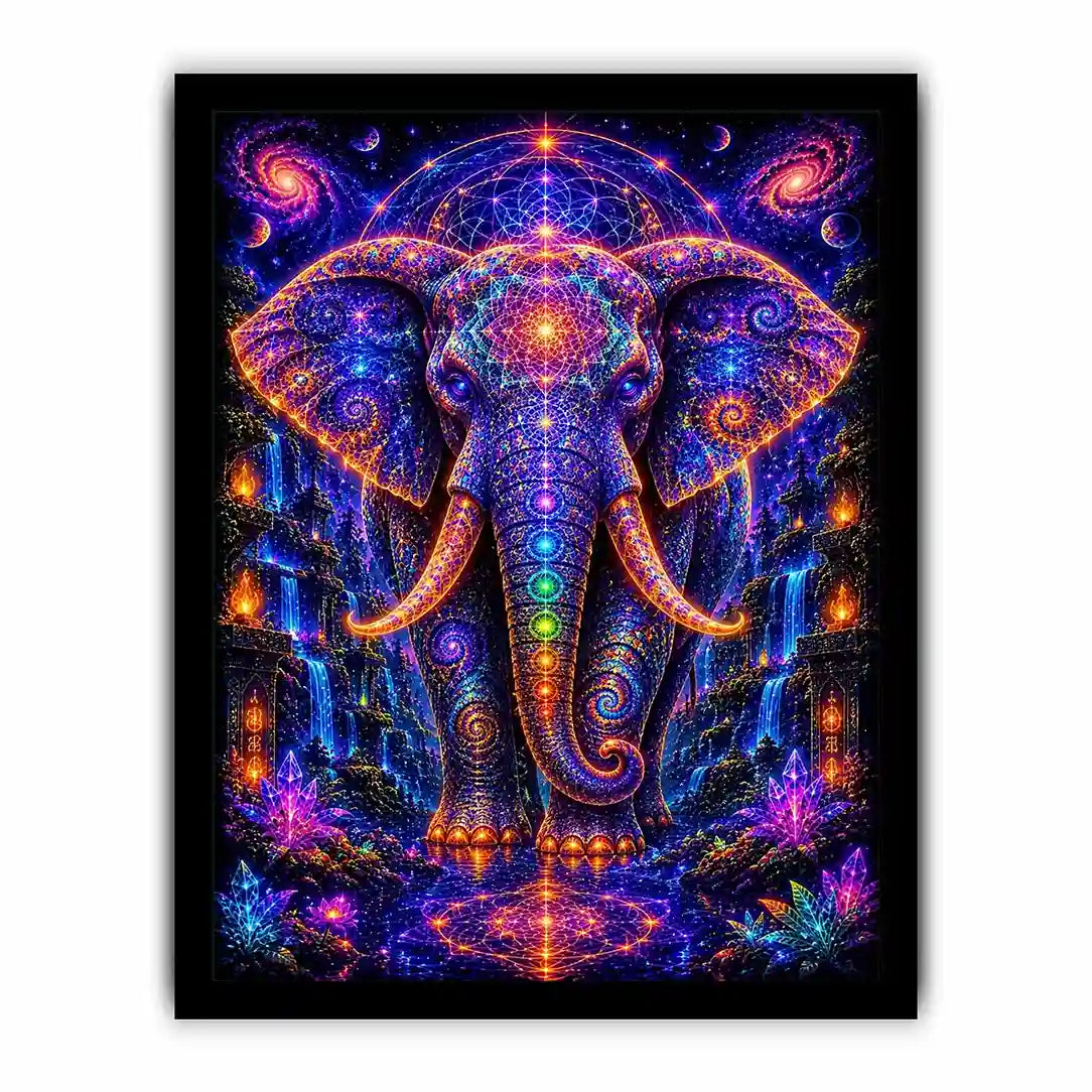 Mystical cosmic elephant canvas art with sacred geometry for modern living room decor.