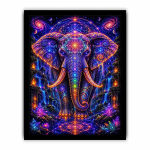 Mystical cosmic elephant canvas art with sacred geometry for modern living room decor.