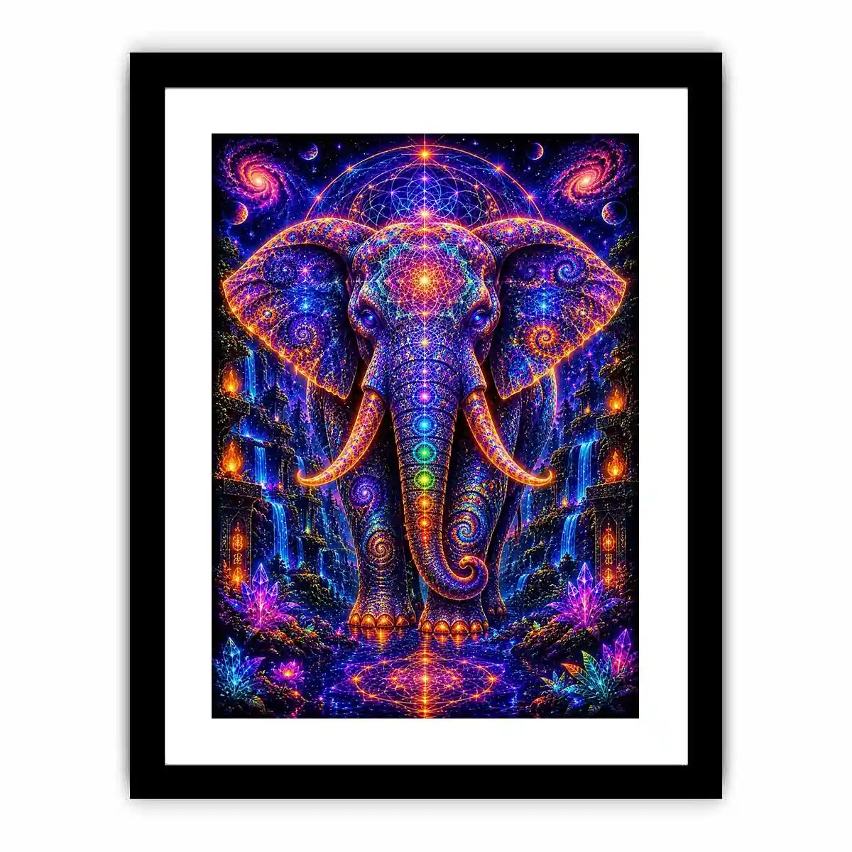 Mystical cosmic elephant canvas art with sacred geometry for modern living room decor.