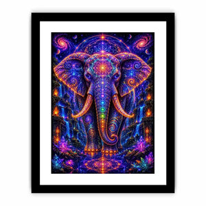 Mystical cosmic elephant canvas art with sacred geometry for modern living room decor.