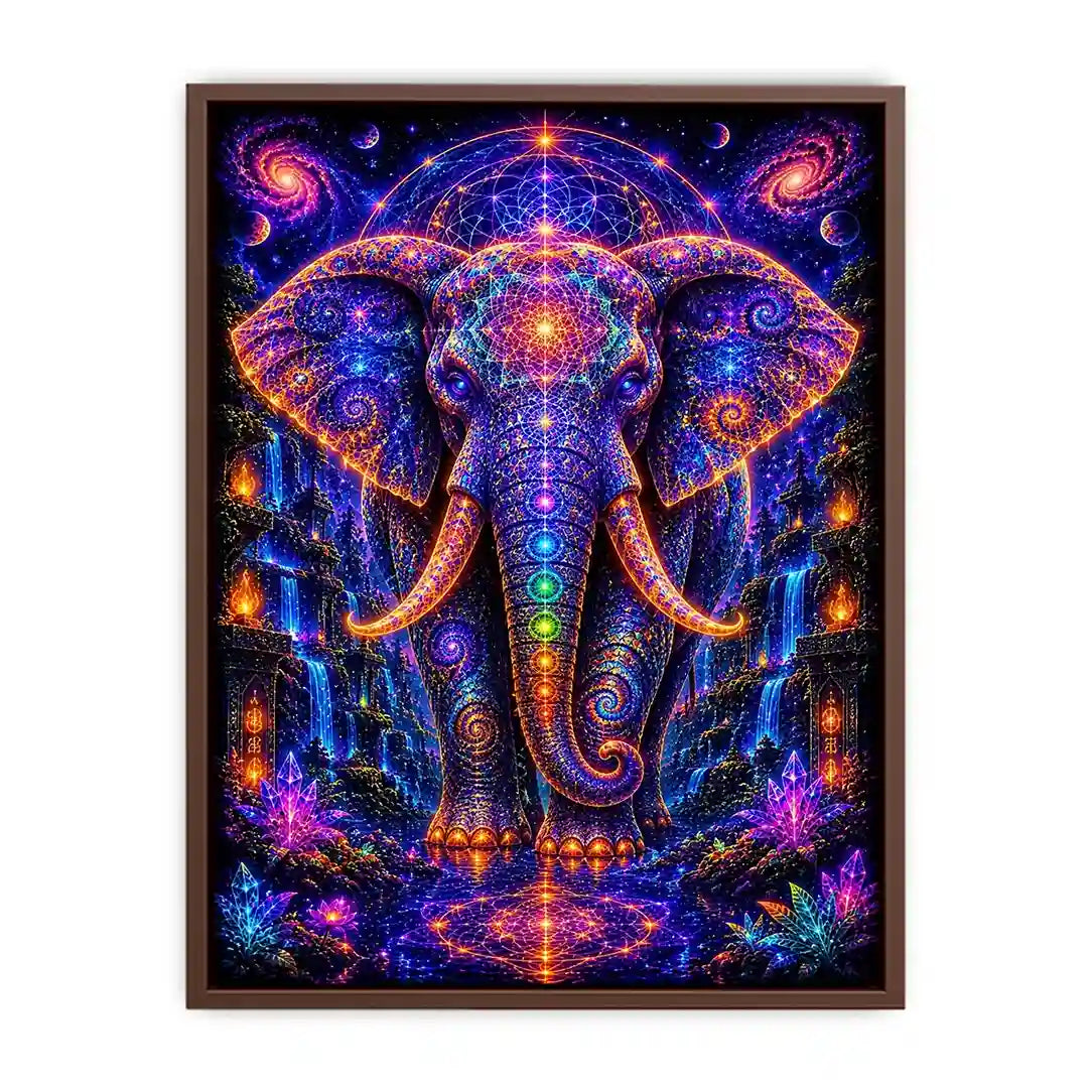 Mystical cosmic elephant canvas art with sacred geometry for modern living room decor.