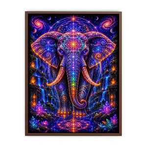 Mystical cosmic elephant canvas art with sacred geometry for modern living room decor.